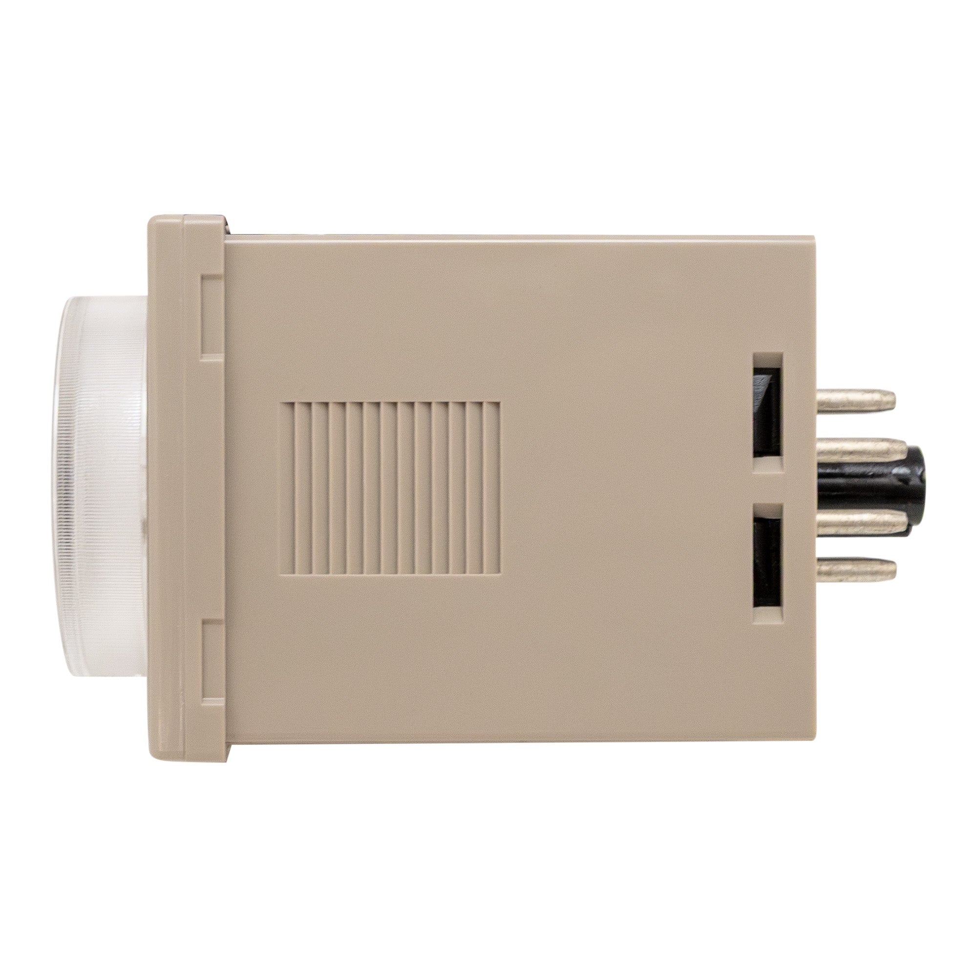 Side profile of tan timer with clear dial and four visible pins on rear.