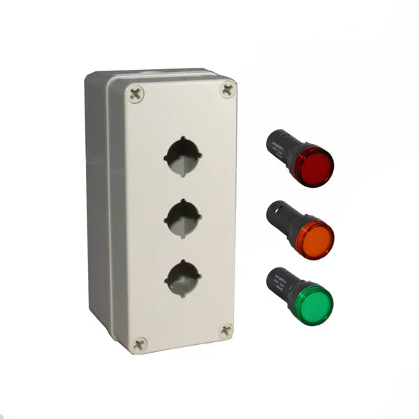 Grey unbranded box with three holes and red, amber and green pilot light on a white background.