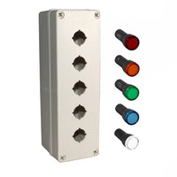 Grey unbranded box with five holes and red, amber, green, blue and white push buttons on a white background.