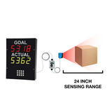 Black digital production pace timer displaying goal and actual output along with a run hold reset control box and photo eye.