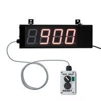 Front perspective of a black two inch display with red illuminated numbers on and a grey run/hold reset switch box on a white background.