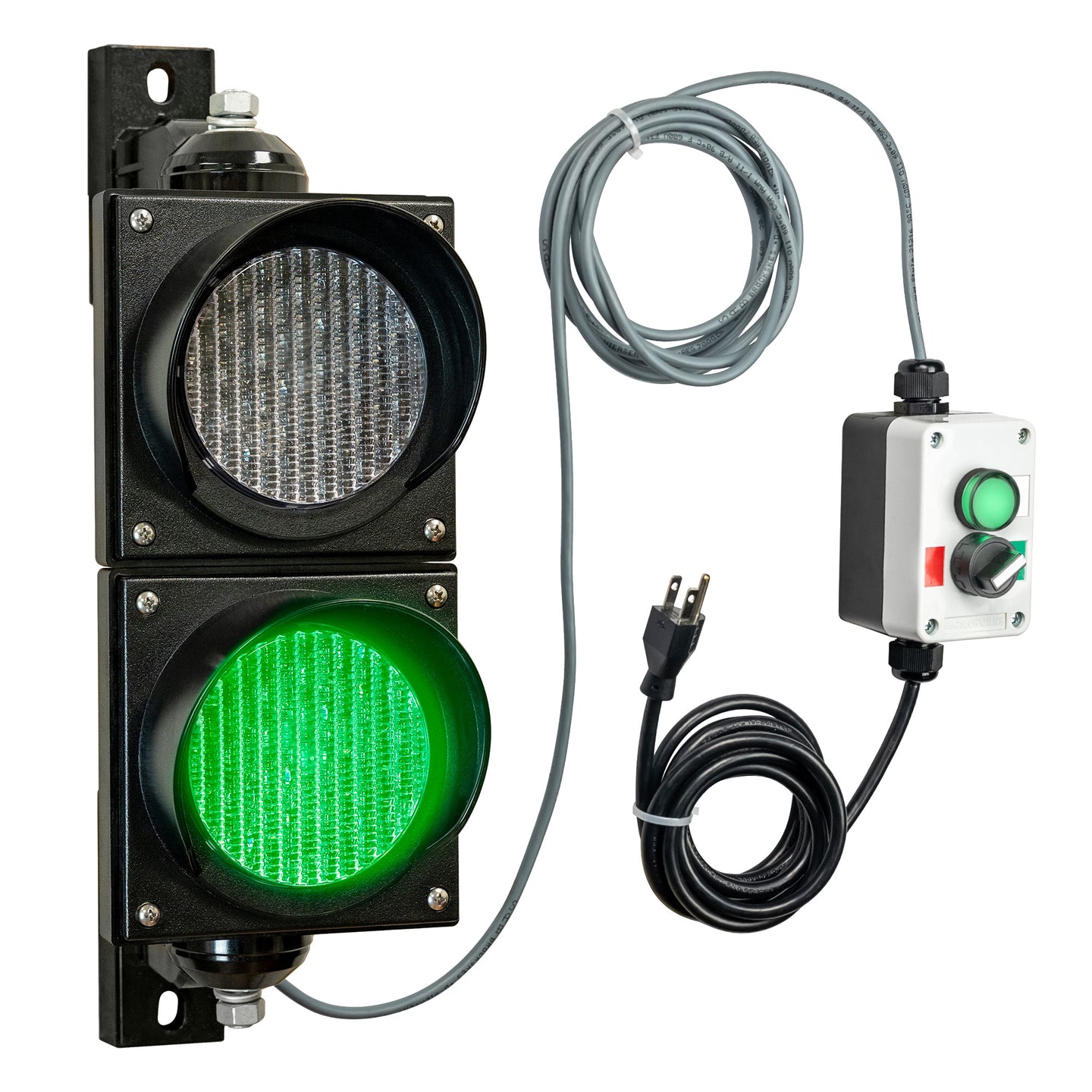 Green traffic light with control box and cables on a white background