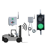 Forklift with traffic light system and control panel transmitting a mirrored signal to a green traffic light on a white background