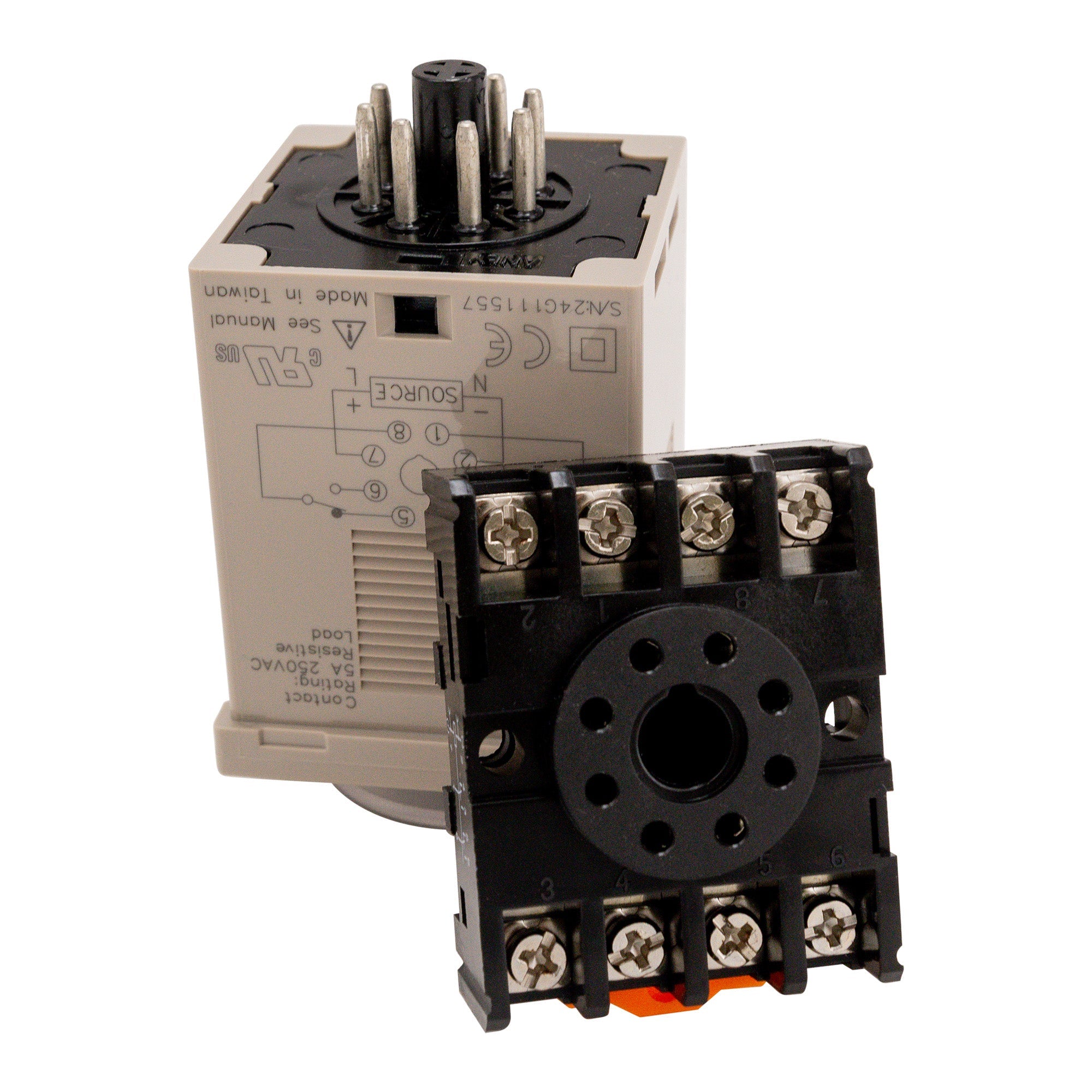 Tan timer with black adapter base leaning against it on a white background.