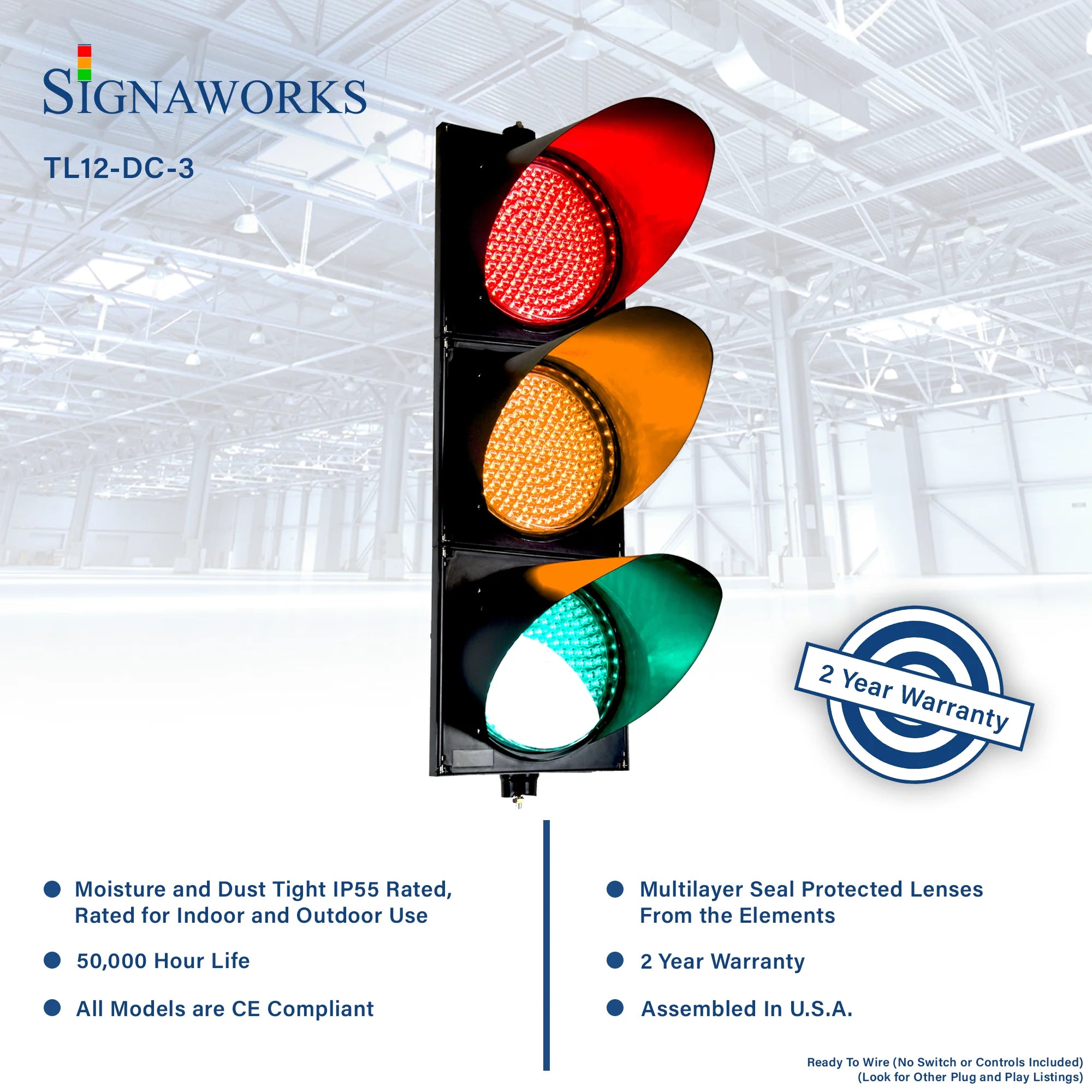 12 Inch Diameter Lens LED Traffic Light Signal, 3 Light (Ready to Wire)