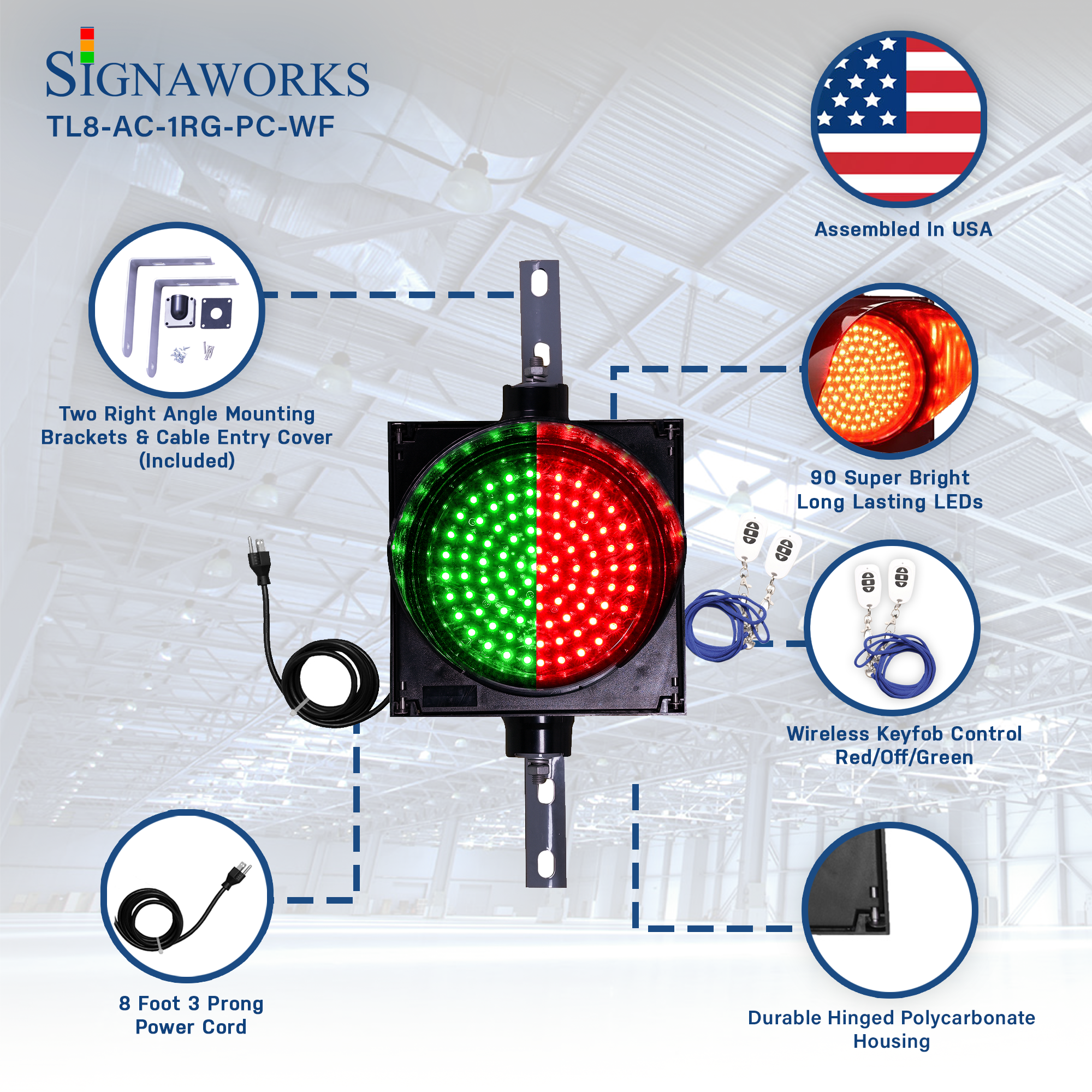 8 Inch Diameter Lens LED Traffic Light, 2 Colors in 1, Wireless Key Fob & Power Cord (Plug & Play)
