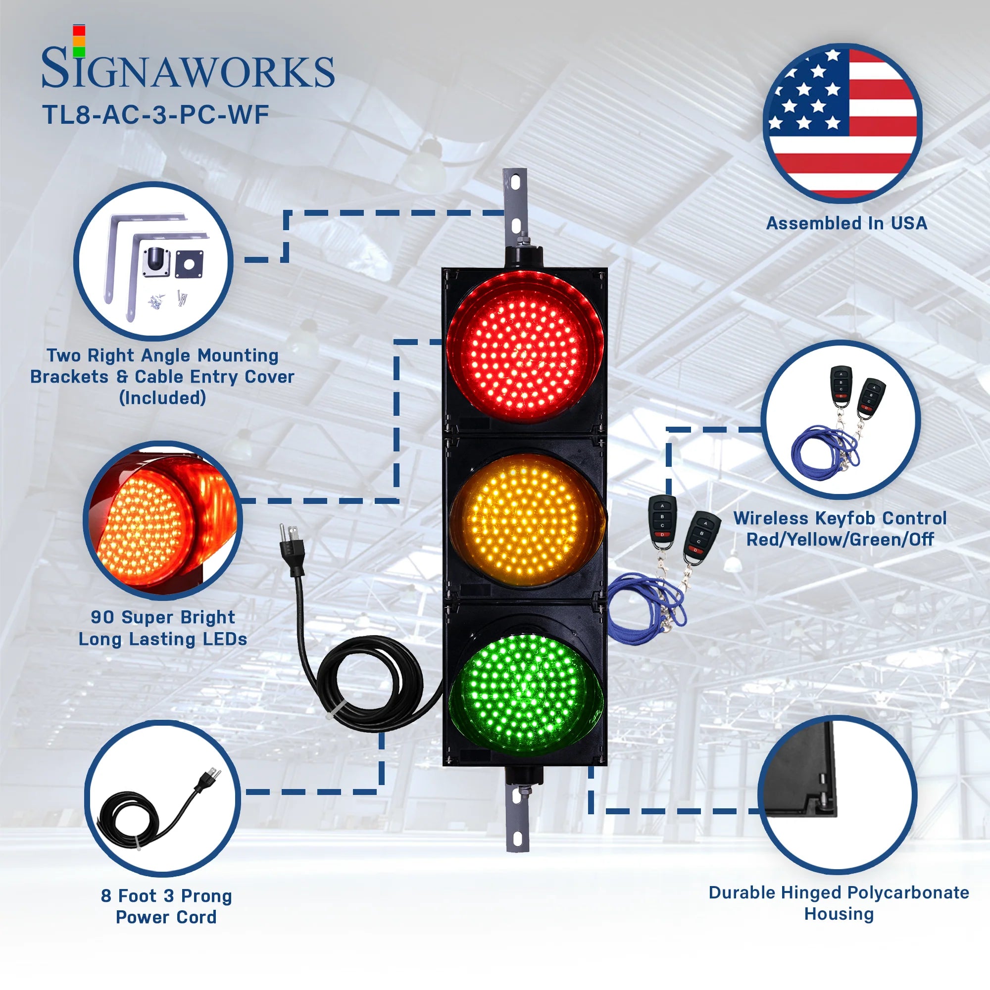8 Inch Diameter Lens LED Traffic Light Signal - 3 Color, 3 Lights, Wireless Key Fob (Plug And Play)
