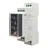 Left angled perspective of a white DIN rail timer with four dials and two light indicators on a white background.