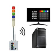 Multicolor pole mounted industrial signal light transmitting and receiving data to/from a PC and monitor displaying an andon data log.