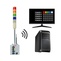 Multicolor pole mounted industrial signal light transmitting and receiving data to/from a PC and monitor displaying an andon data log.